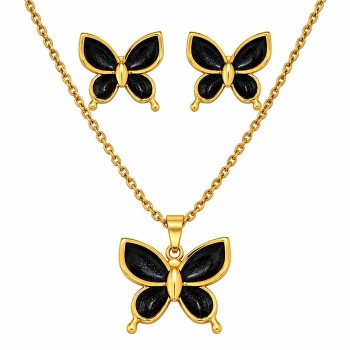 Set collana e orecchini farfalla nera 45 cm in acciaio oro 