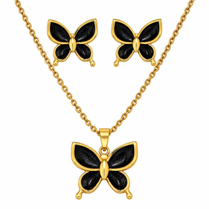 Set collana e orecchini farfalla nera 45 cm in acciaio oro Set collana e orecchini farfalla nera 45 cm in acciaio oro