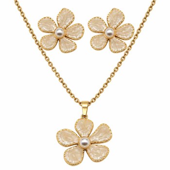 Set collana e orecchini fiori avorio e perle in acciaio oro 