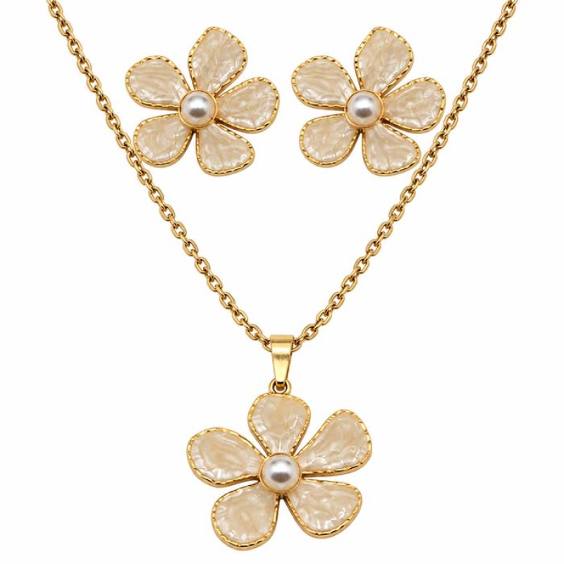 Set collana e orecchini fiori avorio e perle in acciaio oro Set collana e orecchini fiori avorio e perle in acciaio oro
