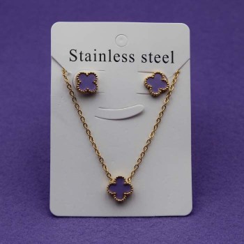 Set collana e orecchini acciaio oro quadrifoglio viola