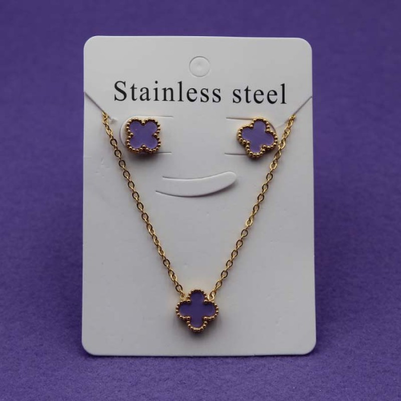 Set collana e orecchini acciaio oro quadrifoglio viola Set collana e orecchini acciaio oro quadrifoglio viola