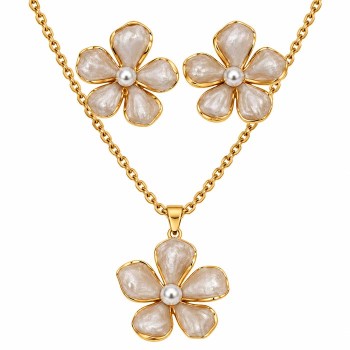 Set collana e orecchini fiori rosa pallido e perle in acciaio oro 