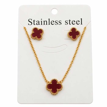 Set collana e orecchini acciaio oro quadrifoglio bordeaux