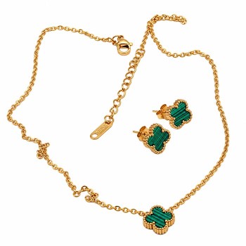 Set collana e orecchini acciaio oro quadrifoglio madreperla