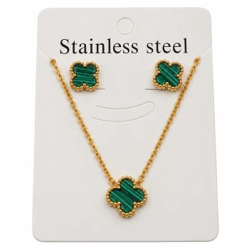 Set collana e orecchini acciaio oro quadrifoglio stile malachite