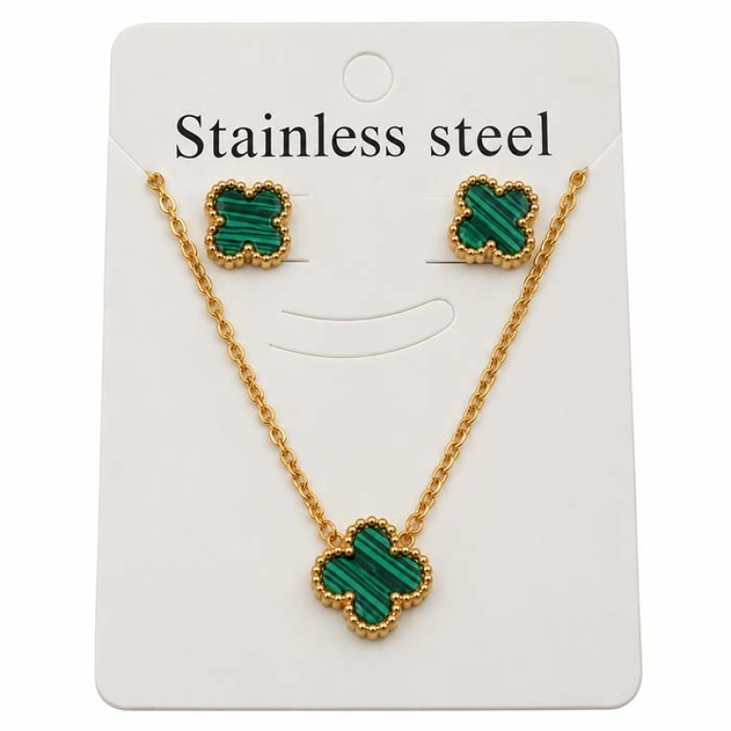 Set collana e orecchini acciaio oro quadrifoglio stile malachite Set collana e orecchini acciaio oro quadrifoglio stile malachite