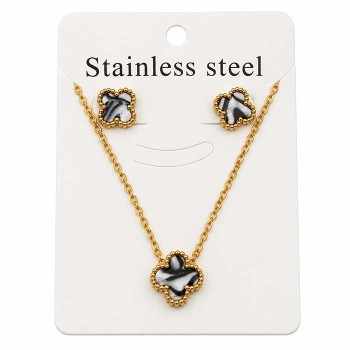 Set collana e orecchini acciaio oro quadrifoglio madreperla