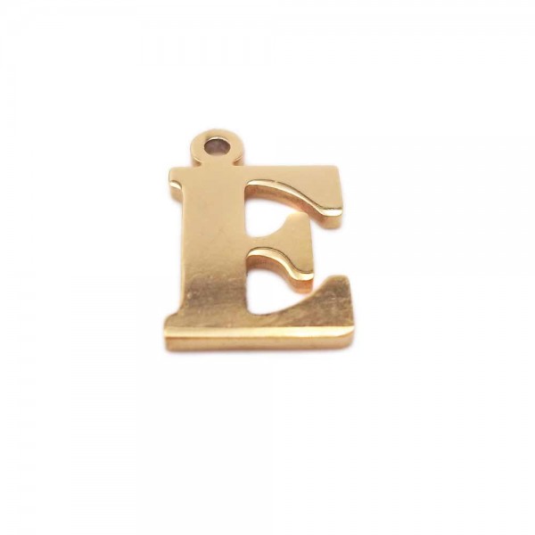 Charms lettere Confezioni Ingrosso | 10 pezzi Charms lettera E in acciaio placcata oro 10.5 mm - LetteraEz