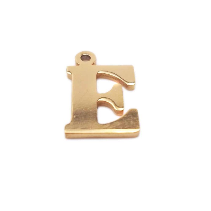 Charms lettera E in acciaio placcata oro 10.5 mm pacco 1 pz (LetteraE) - pietreeminuterie.com