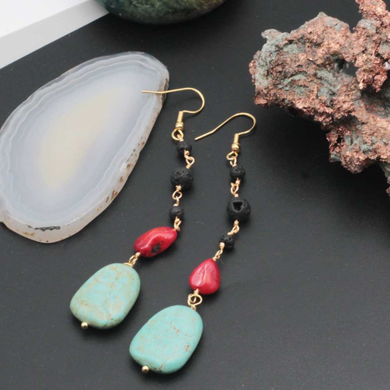 Orecchini con pietre dure di lava, corallo e turchese (ore-0p2) - pietreeminuterie.com