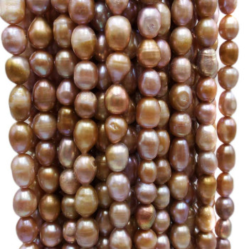 Perle di fiume ovali 7/8 mm riflessi oro bronzo filo 35 cm Perle di fiume ovali 7/8 mm riflessi oro bronzo filo 35 cm