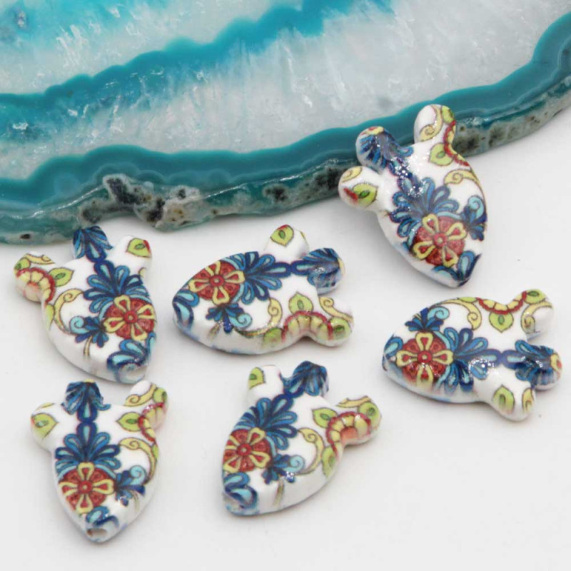 Perline in ceramica cactus bianco fiori azzurri 17x13 mm conf. 2 pz (cac-t806) - pietreeminuterie.com