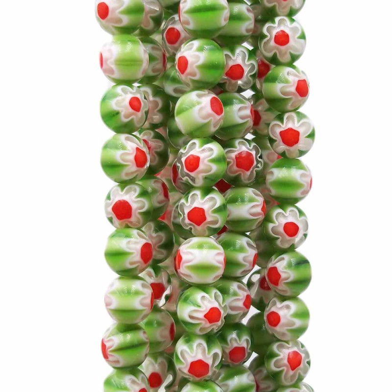 Perline in vetro decorate verde 8 mm filo 40 centimetri (zzq2) - pietreeminuterie.com