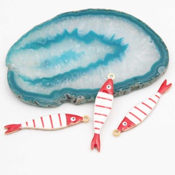 Pesciolini acciaio oro smaltati bianchi linee rosse 40x8 mm conf.1 pz