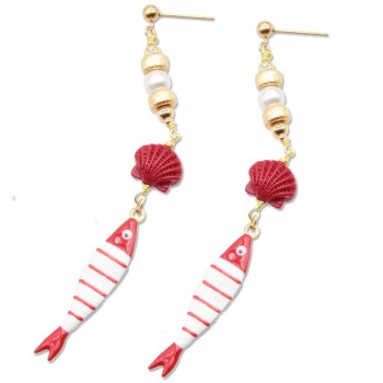 Pesciolini acciaio oro smaltato bianchi linee rosa 40x8 mm conf.1 pz