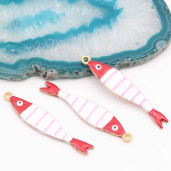 Pesciolini acciaio oro smaltato bianchi linee rosa 40x8 mm conf.1 pz