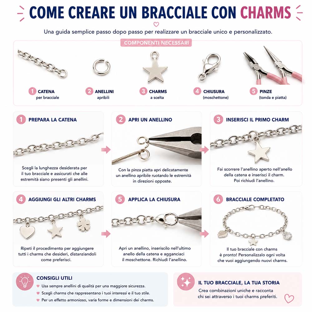 Come creare un bracciale con charms utilizzando catena, anellini e chiusura